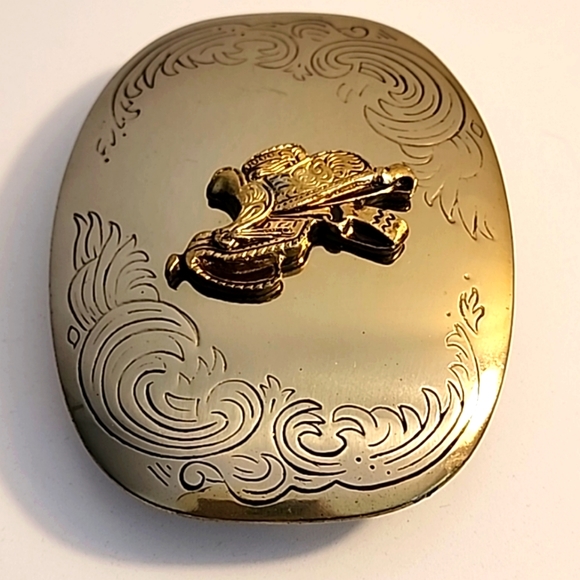 Vintage German Silver Belt Buckle Gold Tone Horse Saddle Equestrian Riding.